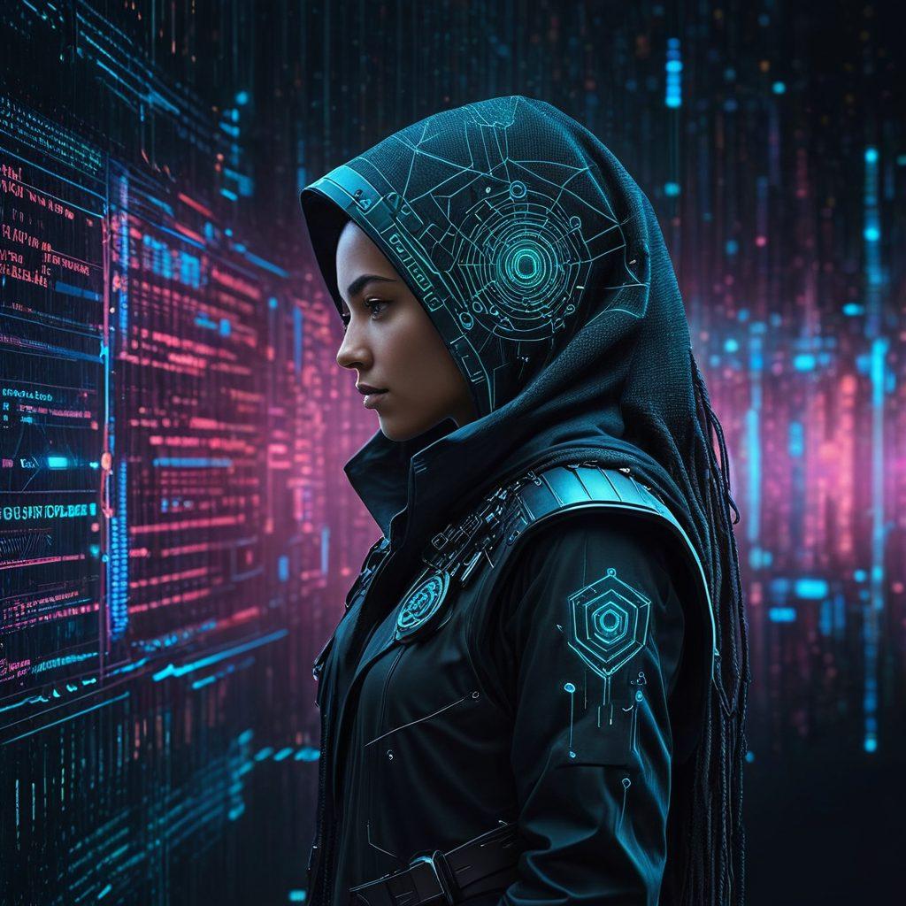 A futuristic web browser interface featuring secure padlocks, shields, and encrypted codes, with a serene figure browsing confidently amidst a backdrop of abstract data streams. Dark and light theme elements blend to symbolize security and accessibility. super-realistic. vibrant colors. cyberpunk.