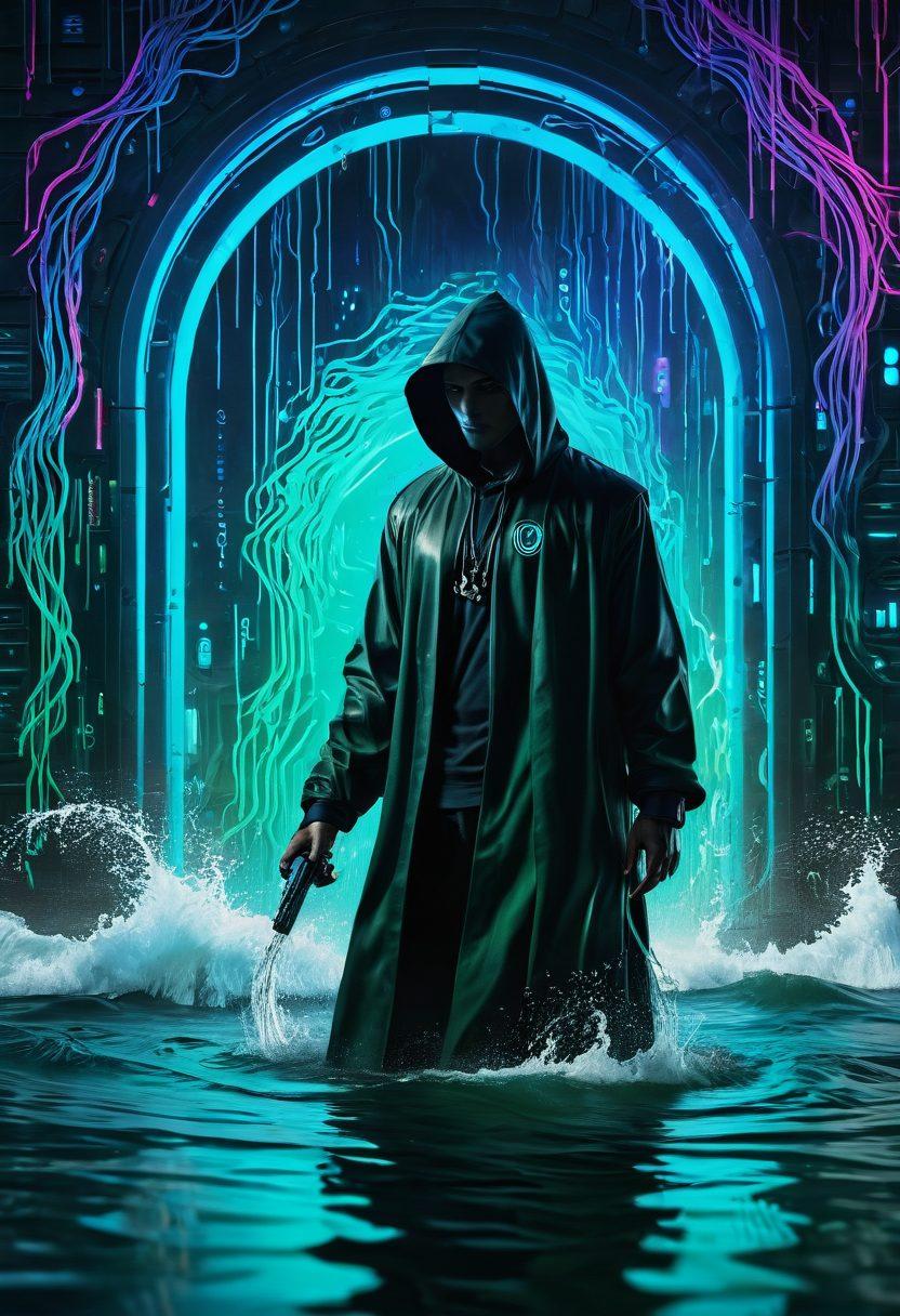 A digital lock overlaying a web browser interface, with encrypted data streams flowing through vibrant water-like waves. A cloaked figure in the background symbolizes anonymity, while shield icons floating around indicate security. The overall color scheme includes deep blues and greens to signify privacy and trust. cyberpunk. vibrant colors. 3D.